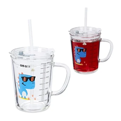 Afbeelding van Relaxdays drinkglazen set van 2 stoere dinosaurus limonadeglazen rietje kinderen