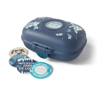 Afbeelding van monbento Gram blauwe wolf broodtrommel voor kinderen, BPA vrij, ideaal school, picknick, vakantie lunchbox jongens en meisjes met wolfmotief aanpasbaar robuust