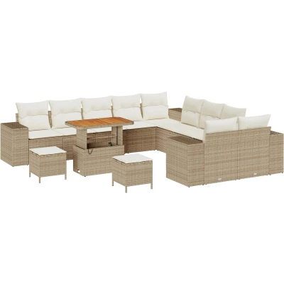Afbeelding van vidaXL 13 delige tuinbankset met kussens Beige Poly Rattan Acacia, 3 tuin eetset Acacia