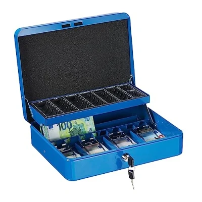 Afbeelding van Relaxdays Afsluitbare geldkist, muntdienblad en 4 vakken voor bankbiljetten, ijzeren kist, hoogte 8,5 x 30,5 24,5 cm, blauw