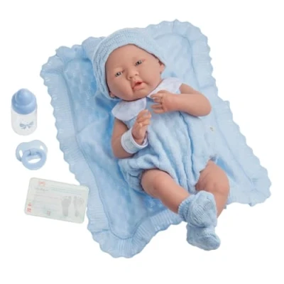 Image de Berenguer All Vinyl La Newborn Doll in blue knit outfit with blanket. REAL BOY!