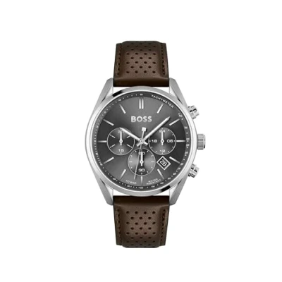 Afbeelding van Hugo Boss Champion Herenhorloge Donkergrijs, Bruin Leer, 44 mm, Chronograaf