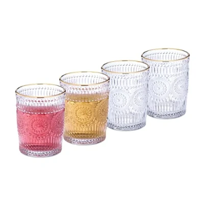 Afbeelding van Relaxdays drinkglazen set van 4 sapglazen 300 ml gouden rand boho transparant