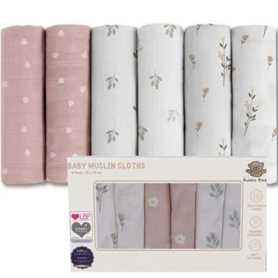 Afbeelding van Bubba Bear Set van 6 babydoeken chiffon 70 cm x cm, absorberend en ademend ideaal voor het reinigen, afvegen bedekken pasgeborenen (bloemen)