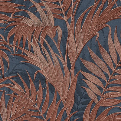 Afbeelding van Duch Wallcoverings Grace Tropical palm leaf blue/copper vliesbehang 10m x 53cm GR322109