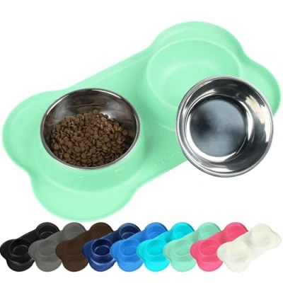 Afbeelding van VIVAGLORY Hondenvoerset van roestvrij staal met antislip siliconenmat voor katten en puppy&#039;s, 200 ml, mintgroen
