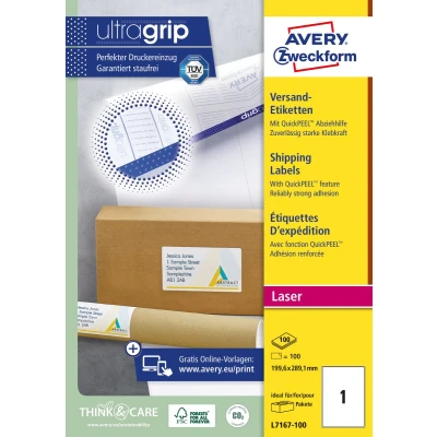 Afbeelding van Avery L7167, Verzendetiketten, Laser, Ultragrip, wit, 100 vellen, 1 per vel, 199,6 x 289,1 mm etiket