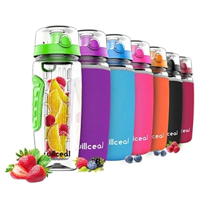 Afbeelding van willceal Waterfles met fruitinzetstuk, 0,95 l, van Tritan, BPA vrij, klapdeksel, lekvrij, geschikt voor sport en camping, groen
