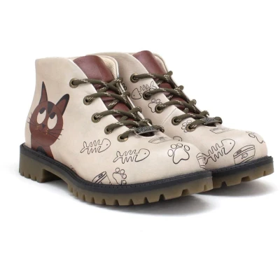 Afbeelding van Goby Kitty Paws Dames Enkellaarzen Vegan Leer Handgemaakt Katten en Visjes Design Maat 38