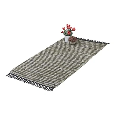 Afbeelding van Relaxdays vloerkleed leder en katoen tapijt antislip chill mat lappen franjes Groen, 70 x 140 cm