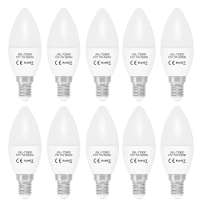 Afbeelding van Jandei 10 x E14 Candle led gloeilampen, type C37, 7 W, kaarsbasis, komt overeen met 60 330º opening (Cool White 6000 K). Perfect voor woonkamer, keuken, kantoor, nachtkastje.