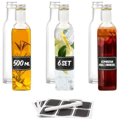 Afbeelding van 6 glazen flessen 500 ml met schroefsluiting fles etiketten en marker lege voor likeuren, olie, dressing