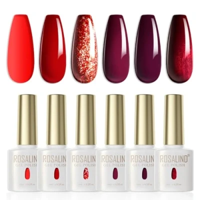 Afbeelding van ROSALIND semi permanente nagellak, rood, 6 kleuren, bordeauxrood, donkerrood, glitter, soak off, uv /led, permanent, voor manicuresalon, doe het zelf thuis