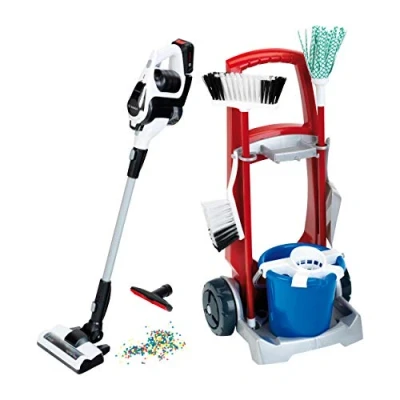 Afbeelding van Klein Toys Bosch Unlimited reinigingswagen emmer, vloerwisser, bezem, stoffer en blik incl. kinderstofzuiger met kruimeldief, zuig geluidseffecten rood zwart wit