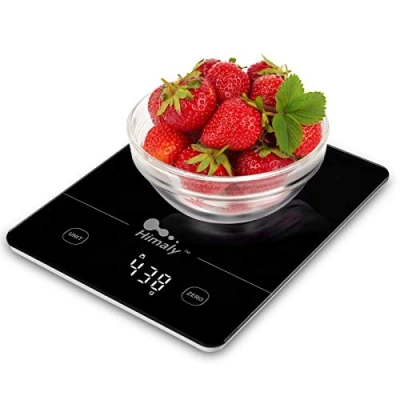Afbeelding van himaly Elektronische keukenweegschaal, digitale tarra nauwkeurigheid 5 kg, lcd display, van gehard glas, multifunctioneel, vloeibare conversies, zwart (3 batterijen inbegrepen)