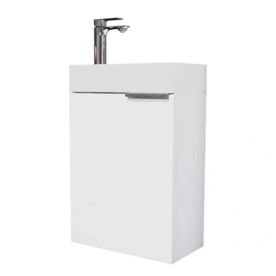 Afbeelding van Planetmöbel wastafel met onderkast 40 cm in wit &amp; armatuur chroom, meubelset voor badkamer, gastentoilet
