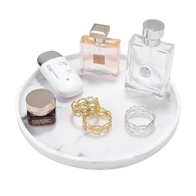 Afbeelding van Rond dienblad decoratie, hars cosmeticakablet decoratieve schalen make uptafel up borden sieraden organizer serveerplank schaal voor cosmetica badkamer woonkamer marmer wit