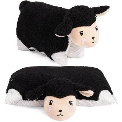 Afbeelding van BRUBAKER Knuffeldieren Kussen Schaap 2 in 1 Pluche Dier en Knuffelkussen 40 x 30 cm Decoratief Opvouwbaar Kinderkussen van met Klittenband Dierenkussen Speelgoed Zwart