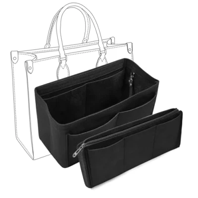Afbeelding van Kolamom Handtas organizer van vilt voor dames, draagtas met meerdere vakken, afneembaar vak ritssluiting, sleutelhanger, zwart