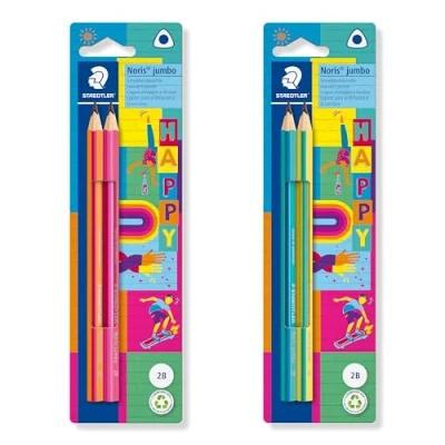 Image de STAEDTLER Noris Jumbo Happy crayons triangulaires épais, aux rayures colorées, haute résistance à la rupture, dureté 2B, 2 dans une carte suspendue en carton, 119 BK2 HA