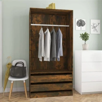 Afbeelding van Kledingkast 100X50X200 Cm Bewerkt Hout Hoogglans Wit Gerookt eiken