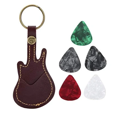 Afbeelding van Gitaar in de vorm van een plectrumhouder PU leer met 5 kleurrijke plectrums voor gitaarspelers, Bruin, Classic
