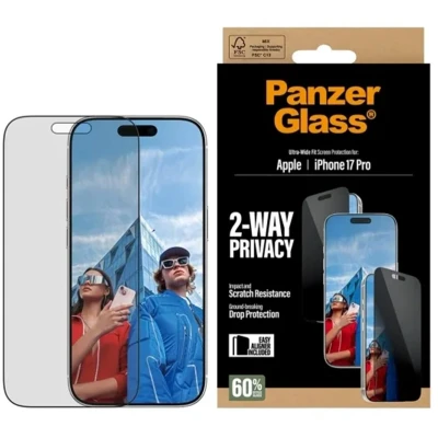 Afbeelding van PanzerGlass Privacy Ultra Wide Fit Anti Bacterial Screenprotector incl. applicator voor de Apple iPhone 17 Pro