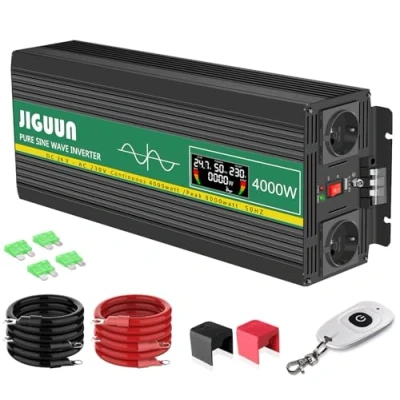 Afbeelding van JIGUUN 4000 W omvormer, zuivere sinus, 24 V, 220 230 piekvermogen, 8000 W, met draadloze afstandsbediening, lcd display, 2 EU stopcontacten, 1 USB poort voor auto, camping, reizen,