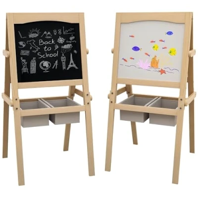 Afbeelding van AIYAPLAY Ezel voor kinderen, dubbelzijdig krijtbord, papierrol + 2 geïntegreerde opbergmanden, massief natuurlijk grenenhout