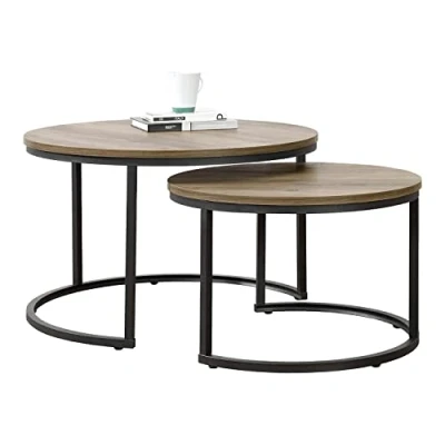 Afbeelding van Salontafel Estergom rond set van 2 hout donker en zwart