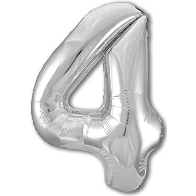 Afbeelding van Verjaardagsballon 4 jaar, cijfer 4, metallic zilver, XXL, 100 cm, verjaardagsdecoratie, lucht of helium