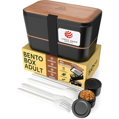 Afbeelding van Umami Grote Bento Box voor Volwassenen 1500 ML XL Ruimtebesparend Design, Inclusief Bestekset en Sauspotten, Waterdicht, Magnetron Vaatwasserbestendig Hout