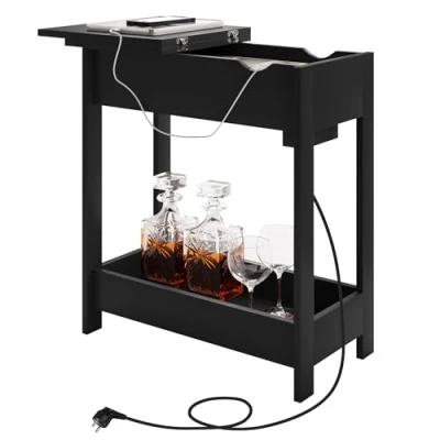 Afbeelding van EUGAD Bijzettafel, nachtkastje met stopcontact, salontafel, kleine consoletafel, opvouwbaar tafelblad, 3 planken, voor woonkamer, slaapkamer, keuken, zwart, 0002CHJ