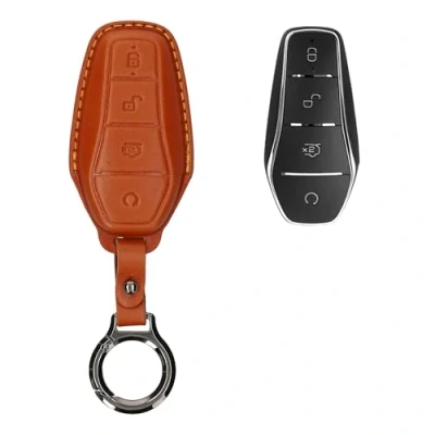 Afbeelding van kwmobile leren autosleutel hoesje geschikt voor BYD Atto 3 / Han Tang Dolphin Yuan Seal Als sleutelhanger met sleutelring Echt leer in bruin