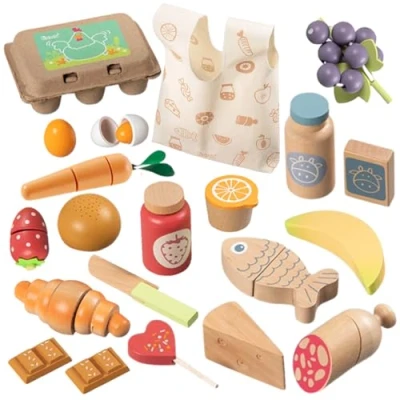 Afbeelding van howa Winkel Accessoires van Hout, Speelgoed Eten 25 stuks met Tas 4895