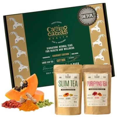 Afbeelding van Cadeauset Slim Tea &amp; Detox Thee Lever, Draineur Groene Thee, Kurkuma, Gember, Paardenbloem, Maté, Goji bessen, Papaya, Kardemom Natuurlijke Ingrediënten Losse 2 x 100 g