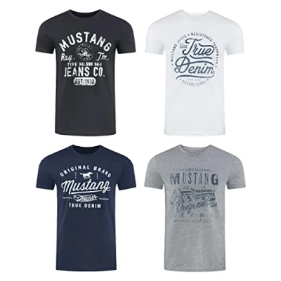 Afbeelding van Mustang Set van 4 T shirts voor heren met print op de voorkant en ronde hals, kleurenmix blauw zwart