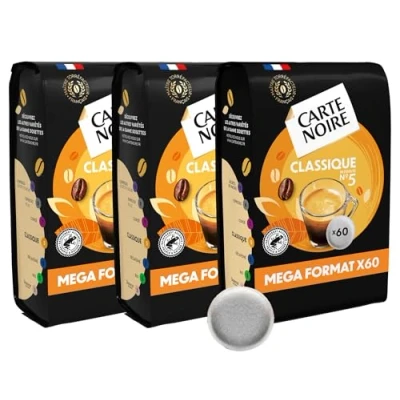 Afbeelding van CARTE NOIRE Klassieke koffiepads nr. 5 Pur Arabica Rainforest Alliance gecertificeerd 3 verpakkingen met elk 60 pads compatibel Senseo (180 capsules)