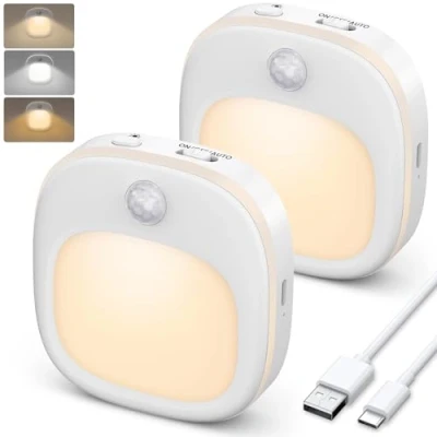 Afbeelding van Led nachtlampje, 2 stuks bewegingsmelder, met 3 kleurmodi (warm en wit gemengd), oplaadbaar nachtlampje magneetstrips voor slaapkamer, hal, trap