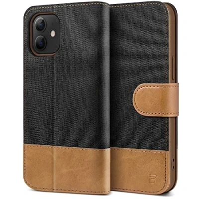 Afbeelding van BEZ® beschermhoes voor iPhone 12 Mini, van PU leer, haak, muntvak, magneetsluiting, zwart