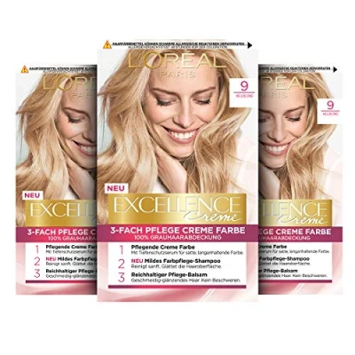 Afbeelding van L&#039;Oréal Paris Excellence Permanente haarverf, 100% grijs, haarkleurset met kleur en shampoo 3 crèmekleuren, 9 lichtblond, x 268 g