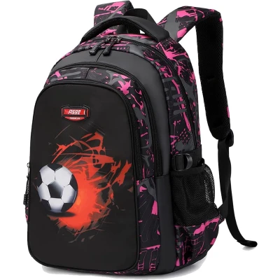 Afbeelding van Asge Schoolrugzak voor jongens en tieners, ergonomische rugzak kinderen, bedrukt met voetbal, schoolrugzak, 8, 10, 14 jaar, Roze, M