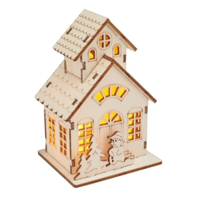 Afbeelding van VBS Houten huis met toren en sneeuwpop led 15 stuks DIY kerstproject kersttijd