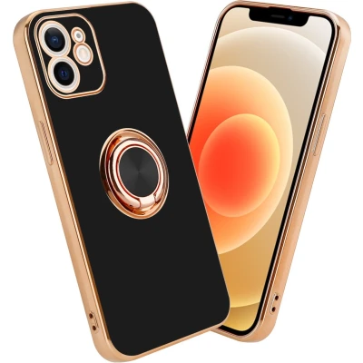 Afbeelding van Cadorabo Hoesje geschikt voor Apple iPhone 12 in Glossy Zwart Goud met ring Beschermhoes van flexibel TPU silicone Case Cover camerabescherming en magnetische autohouder