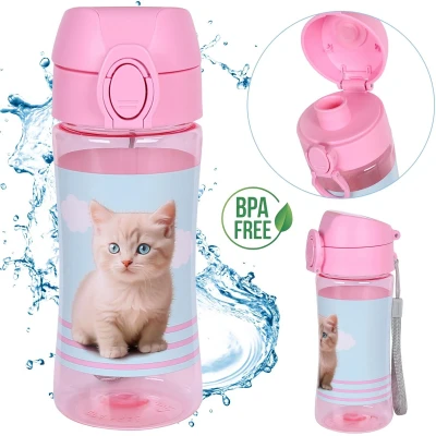 Afbeelding van Schattig poesje Roze WATERFLES met mondstuk, TRITAN SCHOOLFLES voor meisjes 450ml