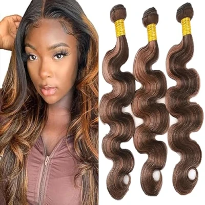 Image de Tuheerst Body Wave Human Hair Bundles P430 Highlight Brown Extensions Real Sew in Extension 3 Double Weft Remy Low Shedding for Woman 18 Inch