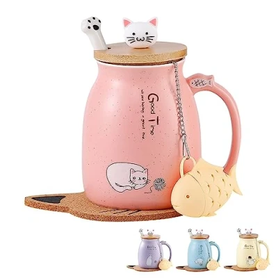Afbeelding van Kat Mok Leuke Keramische Koffiekop Met Mooie Kitty Deksel Roestvrij Stalen Lepel, Nieuwigheid Ochtendkopje Theemelk Kerst Gift 380ML (Roze)