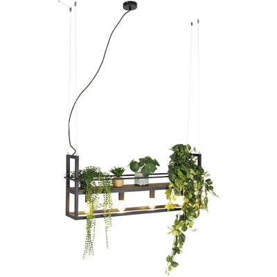 Afbeelding van QAZQA Industriële hanglamp zwart met hout en rek 4 lichts Cage Rack