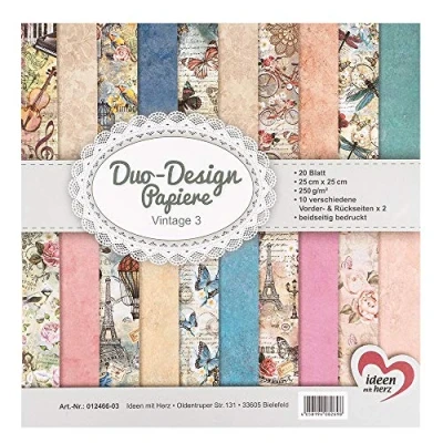 Afbeelding van Ideen mit Herz 20 vellen Duo Design papier, 25 x cm, 250 g/m², aan beide zijden bedrukt, designpapier, ideaal voor scrapbooking, knutselen, vintage 03