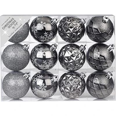 Afbeelding van MAGIC Set van 12 kerstballen kunststof 6 cm x met motief kerstballen, mix antraciet